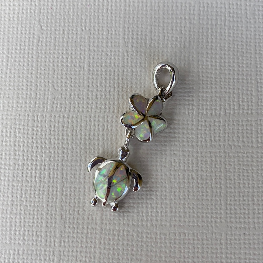 Turtle and flower charm, synthetic white opal, 925 silver